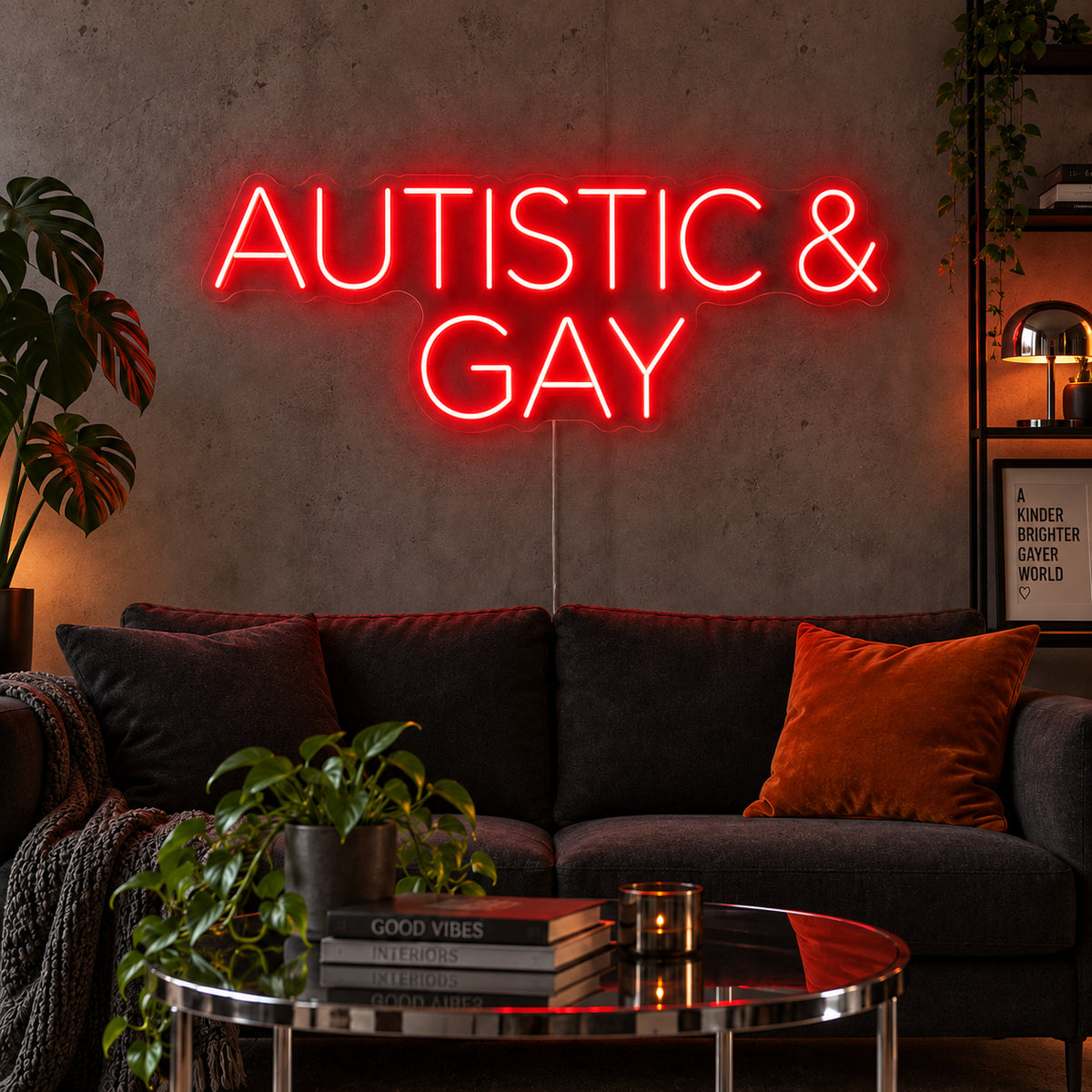Autistic & Gay Neon Sign with red lighting, displayed above a dark sofa against a concrete wall.