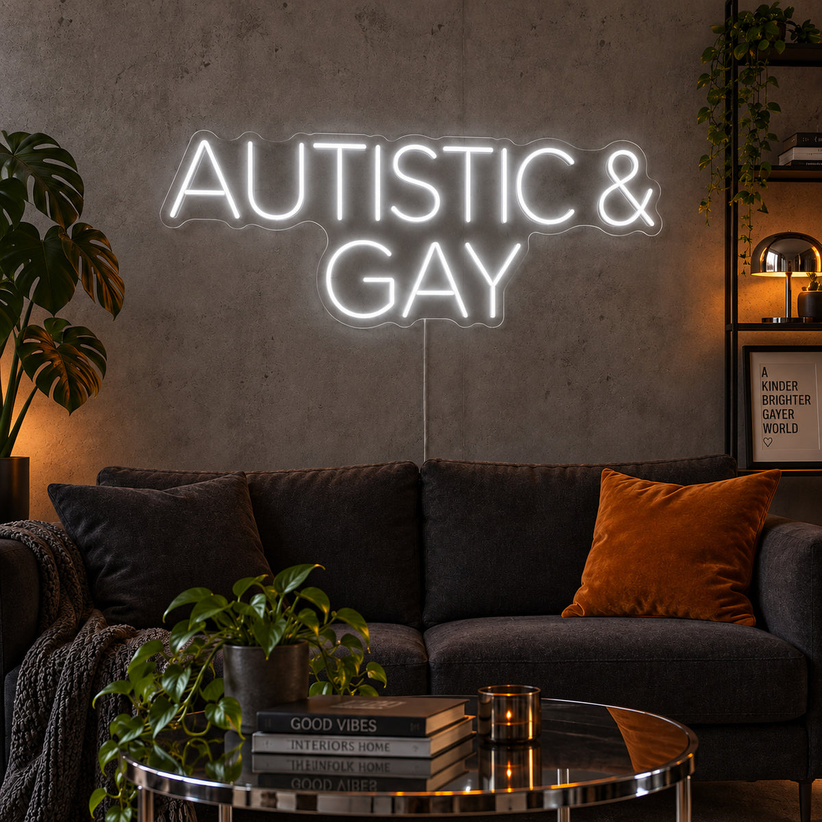 Autistic & Gay Neon Sign, RGB colour-changing option shown in white above a dark sofa against a concrete wall.