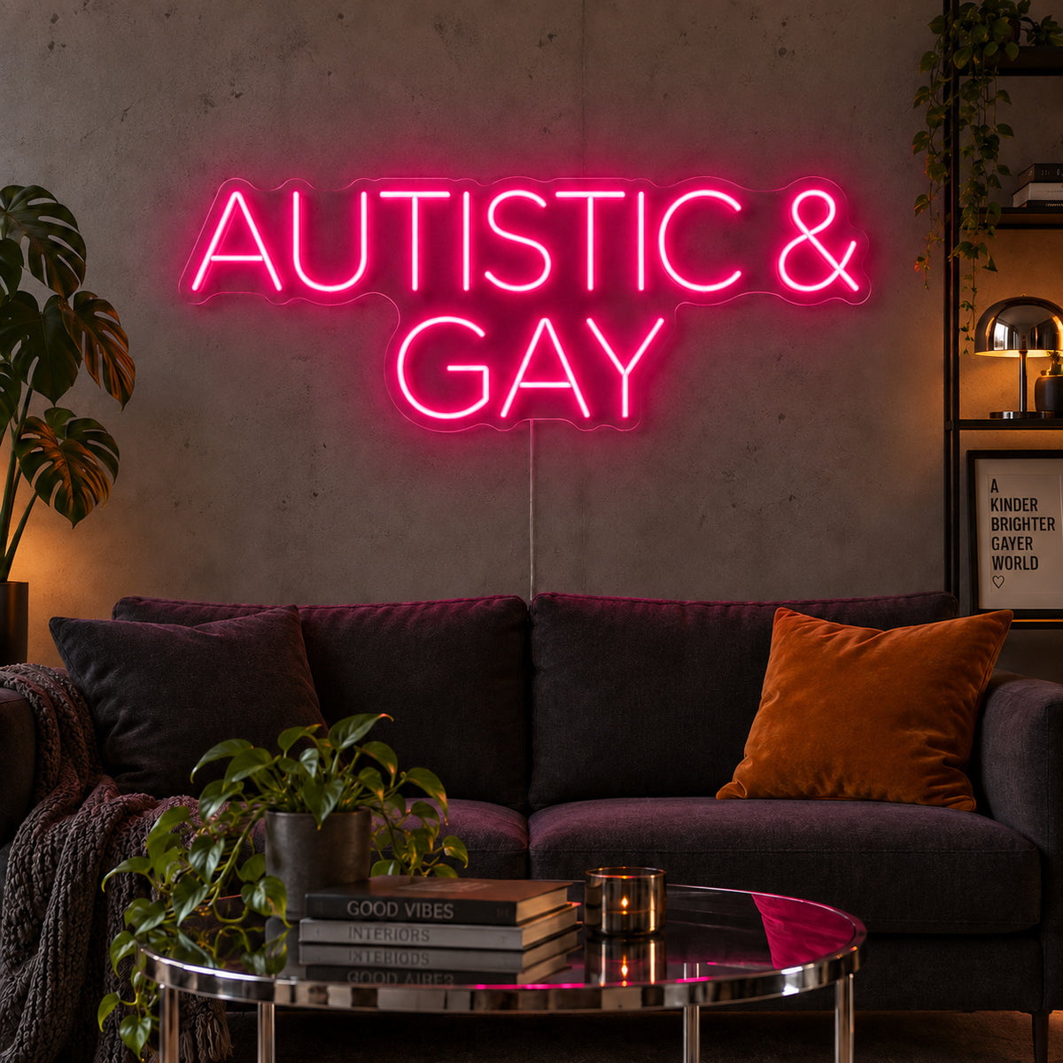 Rose Red version of the Autistic & Gay Neon Sign, shown above a dark sofa against a concrete wall.