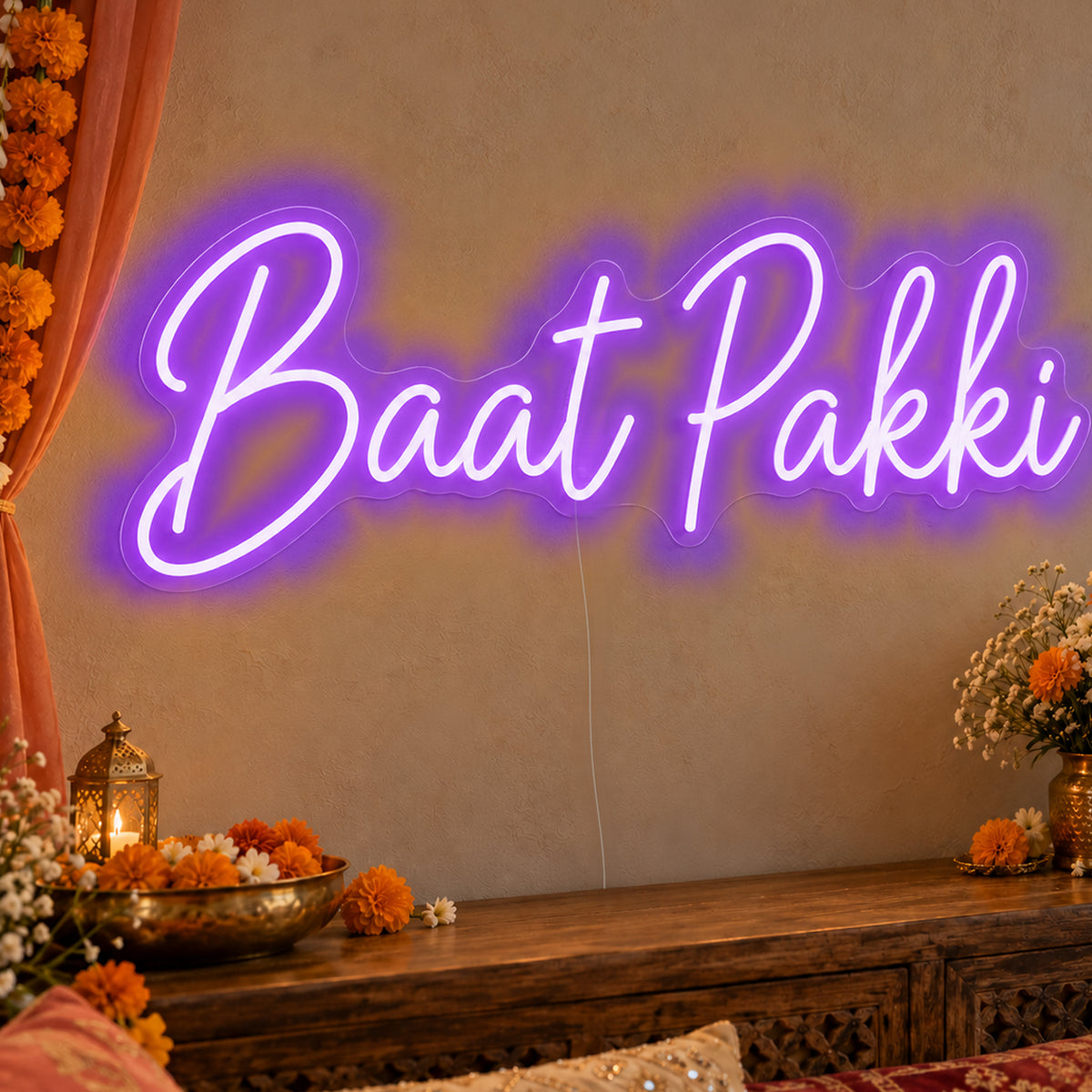 Baat Pakki Neon Sign in purple LED neon on clear acrylic, angled view
