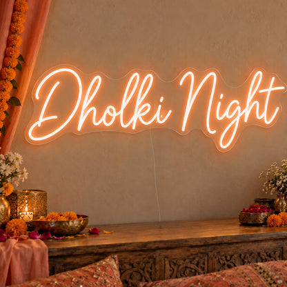 Dholki Night Neon Sign in orange LED neon on clear acrylic, angled view