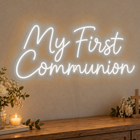 First Communion Neon Sign in white LED neon on clear acrylic, angled view