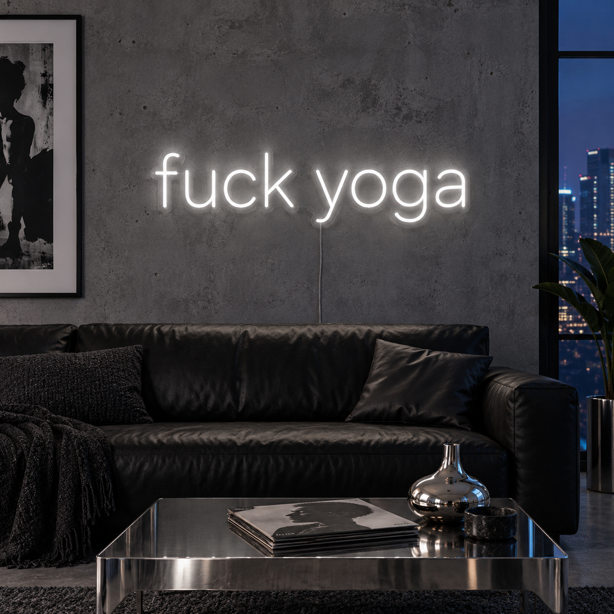 Fuck Yoga Neon Sign, RGB colour-changing option shown in white above a black leather sofa.