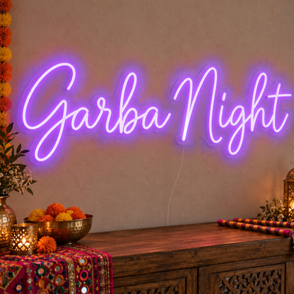 Garba Night Neon Sign in purple LED neon on clear acrylic, angled view