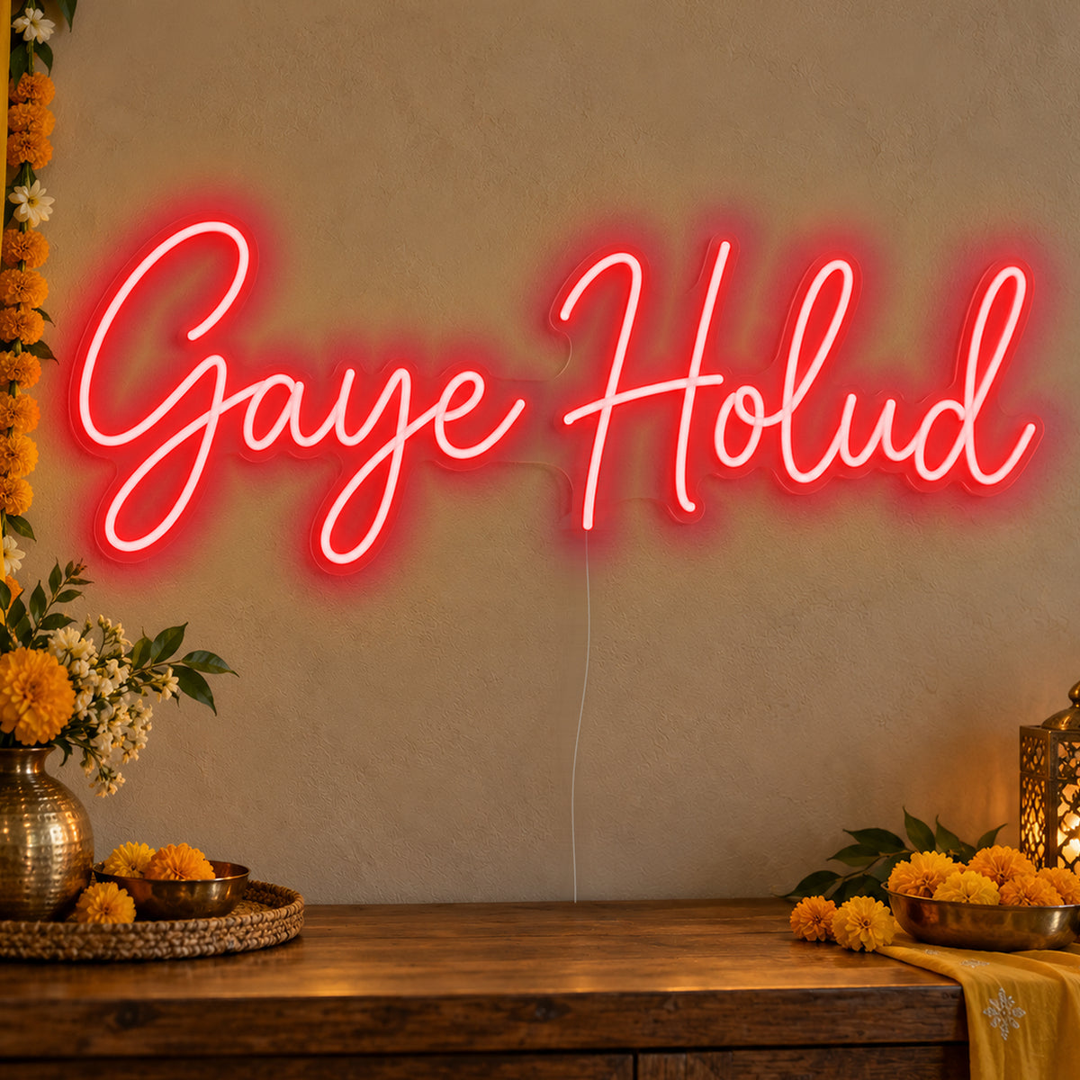 Gaye Holud Neon Sign in red LED neon on clear acrylic, angled view