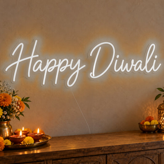 Happy Diwali Neon Sign in white LED neon on clear acrylic, angled view