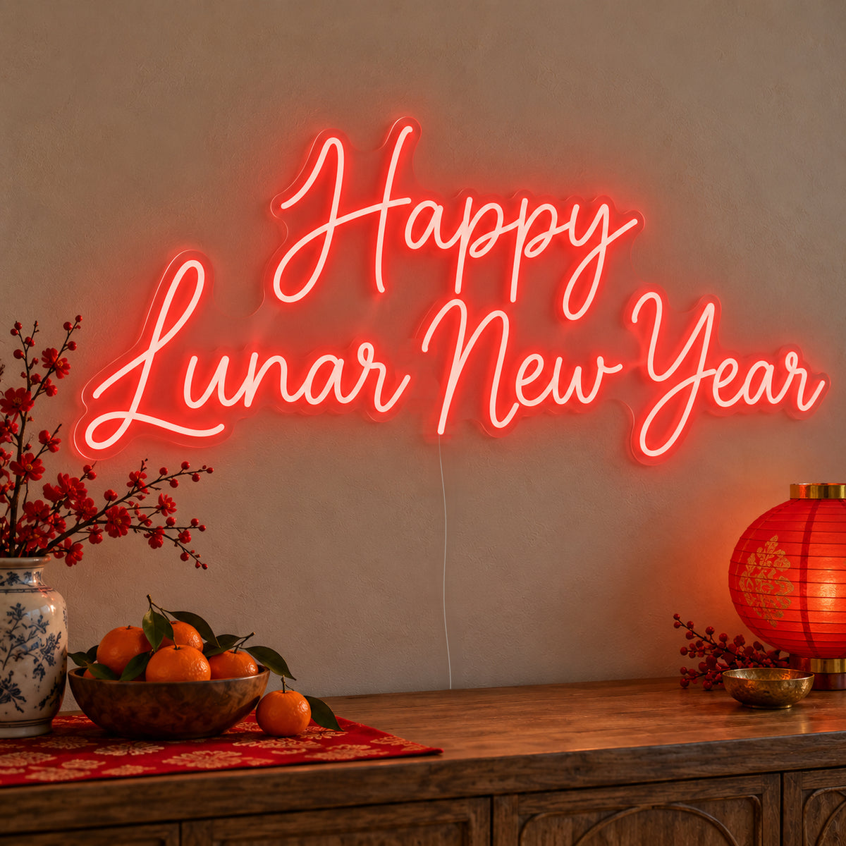Happy Lunar New Year Neon Sign on clear cut-to-shape acrylic, illuminated on a wall in a styled celebration setting