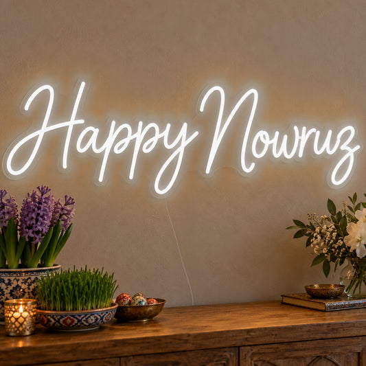 Happy Nowruz Neon Sign in white LED neon on clear acrylic, angled view
