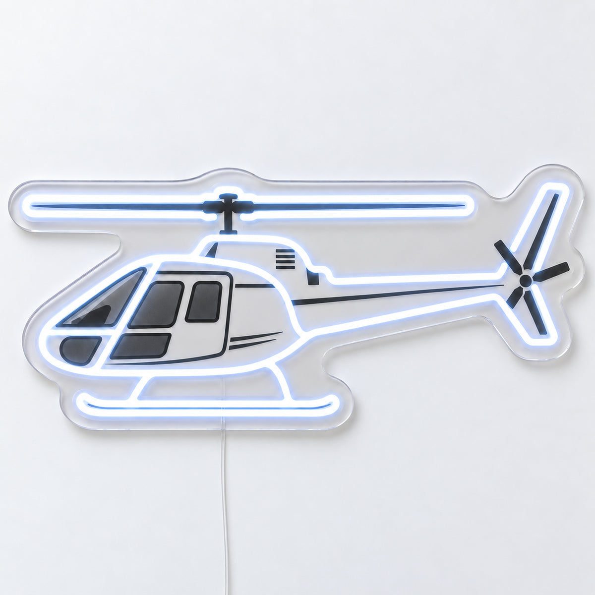 Helicopter Neon Sign, featuring a helicopter silhouette with printed aircraft details, on a single clear acrylic backing displayed on a white surface.