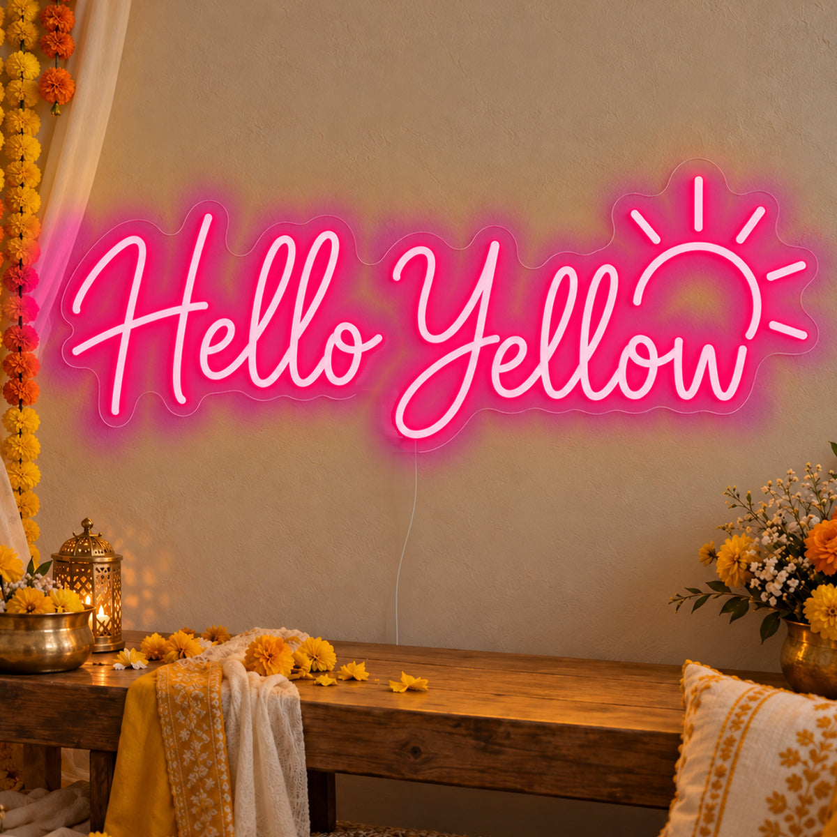 Hello Yellow Neon Sign in rose red LED neon on clear acrylic, angled view