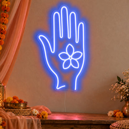 Henna Hand Neon Sign in blue LED neon on clear acrylic, angled view