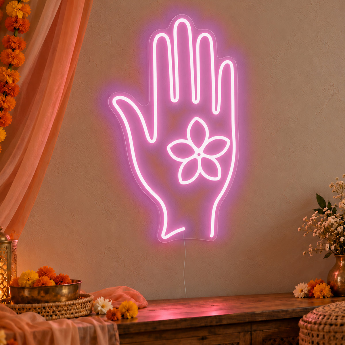 Henna Hand Neon Sign in pink LED neon on clear acrylic, angled view