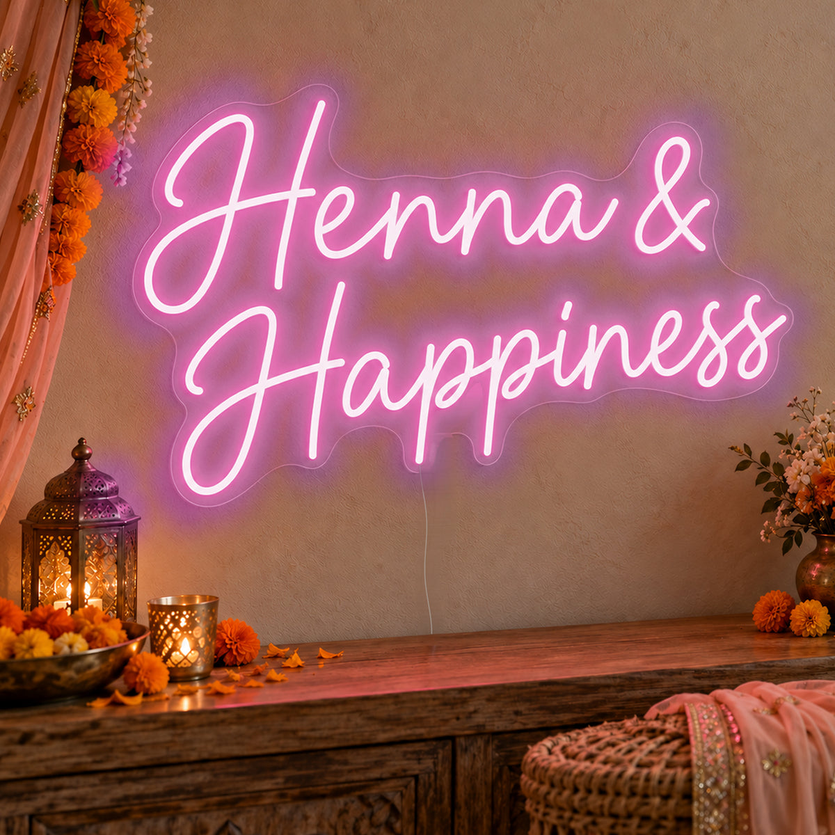 Henna Happiness Neon Sign in pink LED neon on clear acrylic, angled view