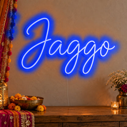 Jaggo Neon Sign in blue LED neon on clear acrylic, angled view