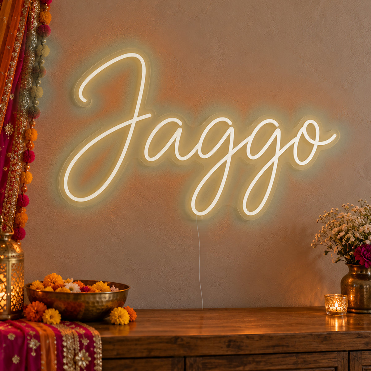 Jaggo Neon Sign in warm white LED neon on clear acrylic, angled view