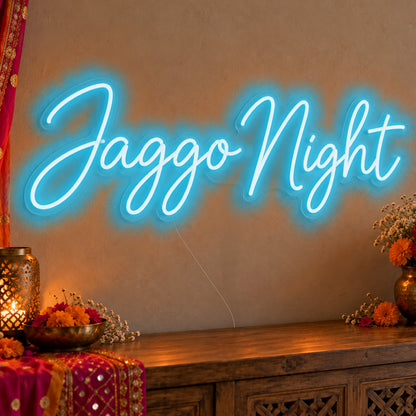 Jaggo Night Neon Sign in ice blue LED neon on clear acrylic, angled view