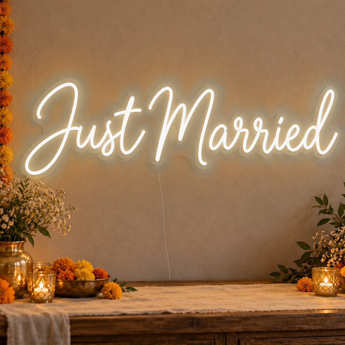 Just Married Neon Sign in warm white LED neon on clear acrylic, angled view