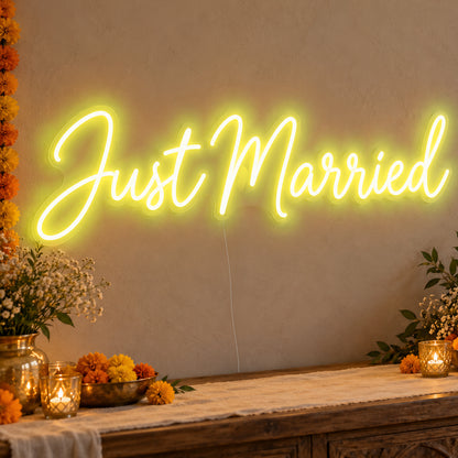 Just Married Neon Sign in yellow LED neon on clear acrylic, angled view