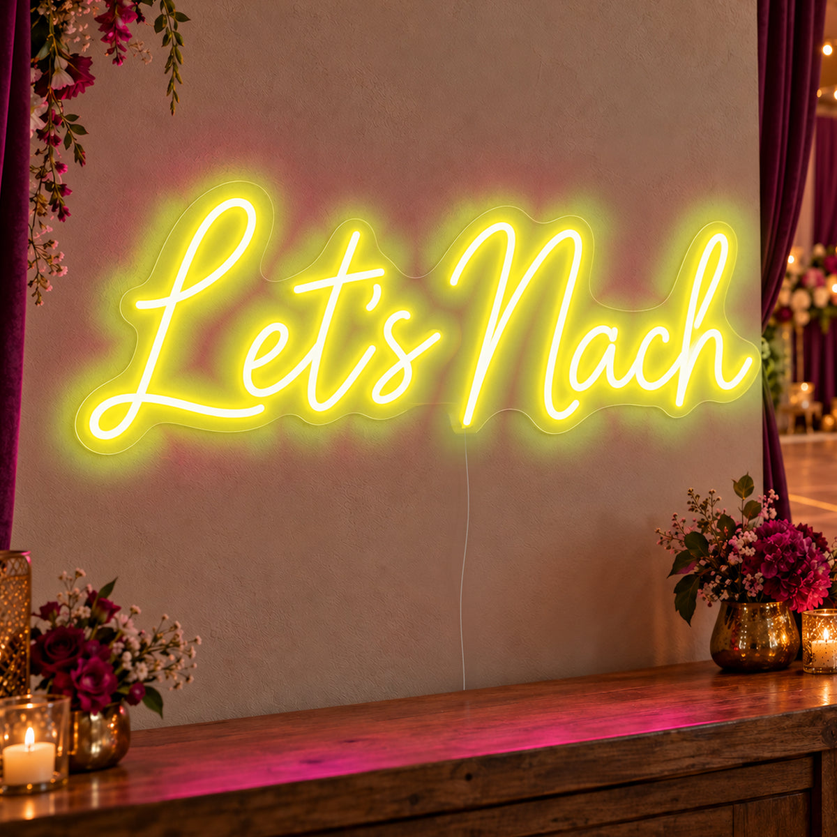 Let’s Nach Neon Sign in yellow LED neon on clear acrylic, angled view