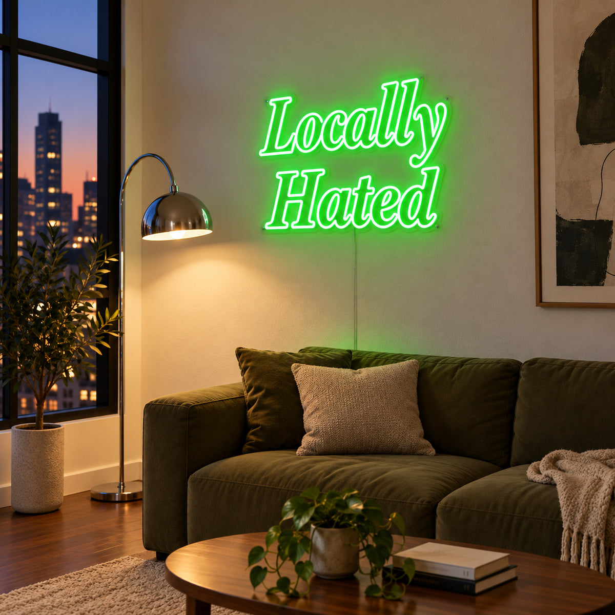 Locally Hated Neon Sign with green lighting, displayed above a green sofa.