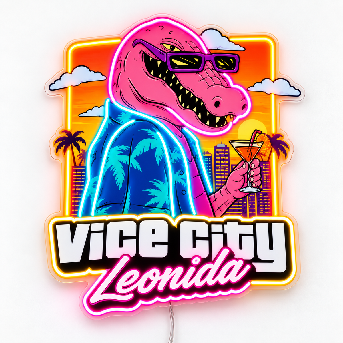 Macca the Gator Vice City Leonida Skyline Neon Sign – Macca the Gator in a blue tropical shirt with an orange sunset skyline, white clouds and Vice City Leonida lettering.