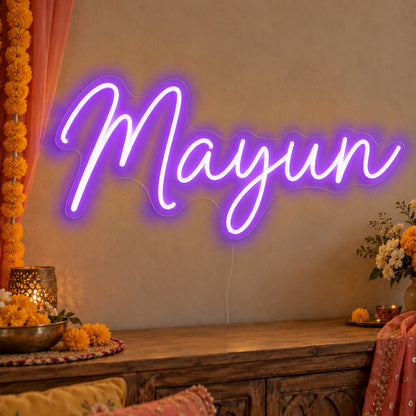 Mayun Neon Sign in purple LED neon on clear acrylic, angled view