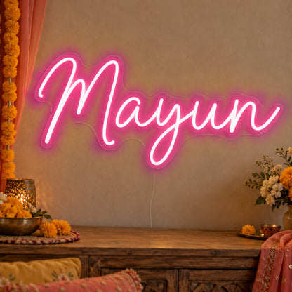 Mayun Neon Sign in rose red LED neon on clear acrylic, angled view