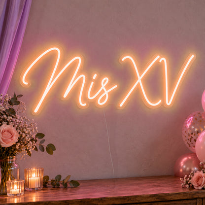 Mis Xv Neon Sign in orange LED neon on clear acrylic, angled view