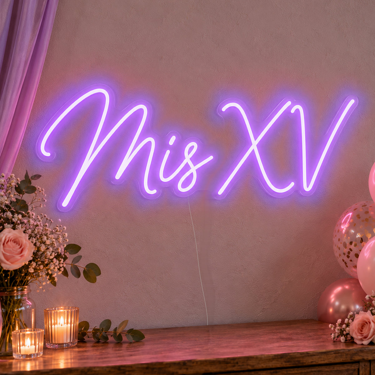 Mis Xv Neon Sign in purple LED neon on clear acrylic, angled view