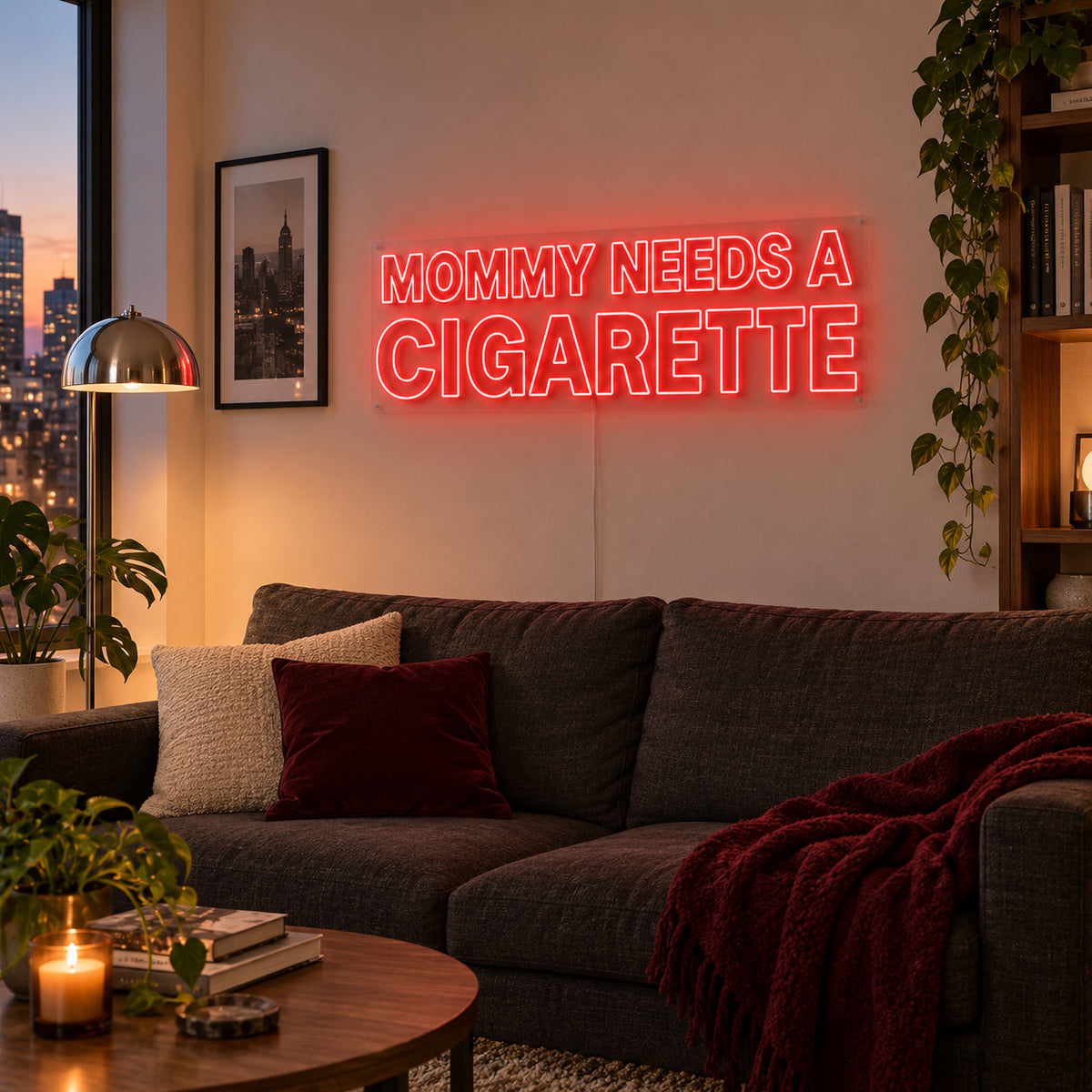 Mommy Needs A Cigarette Neon Sign in red above a brown sofa.