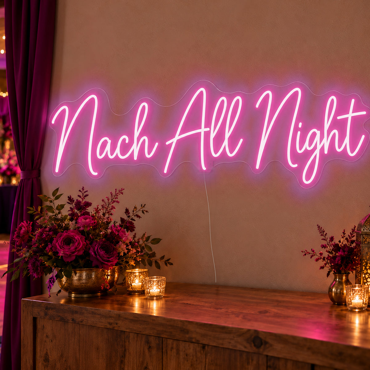 Nach All Night Neon Sign in pink LED neon on clear acrylic, angled view