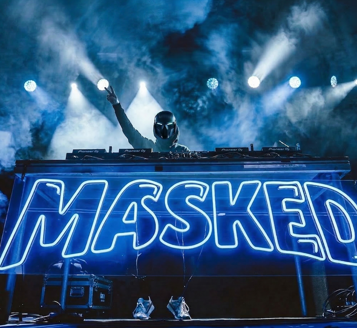 Blue MASKED LED neon sign across a DJ booth, shown as custom sign inspiration for Glenelg.