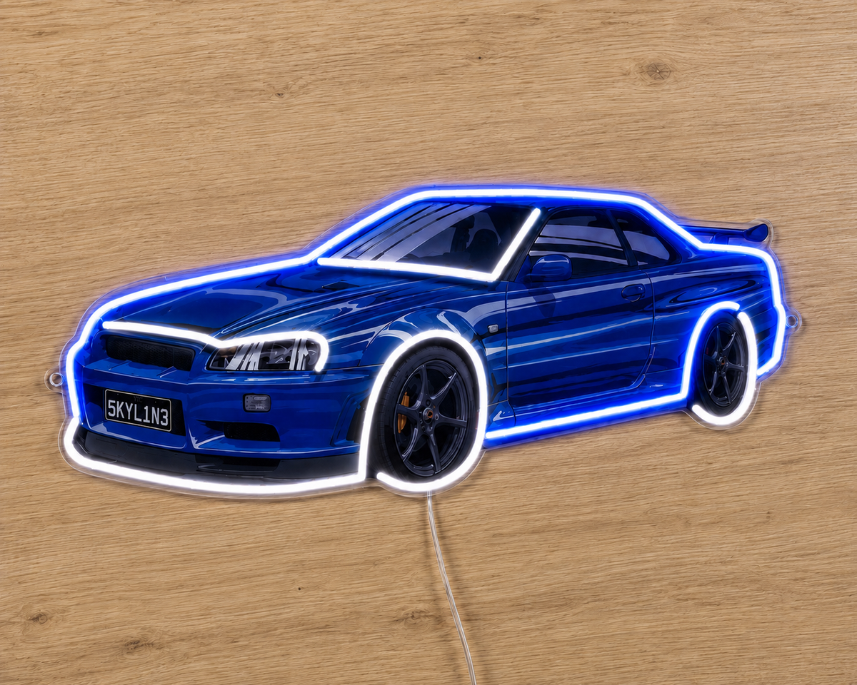 Nissan Skyline R34 LED neon sign glowing blue and white, front view on a timber wall