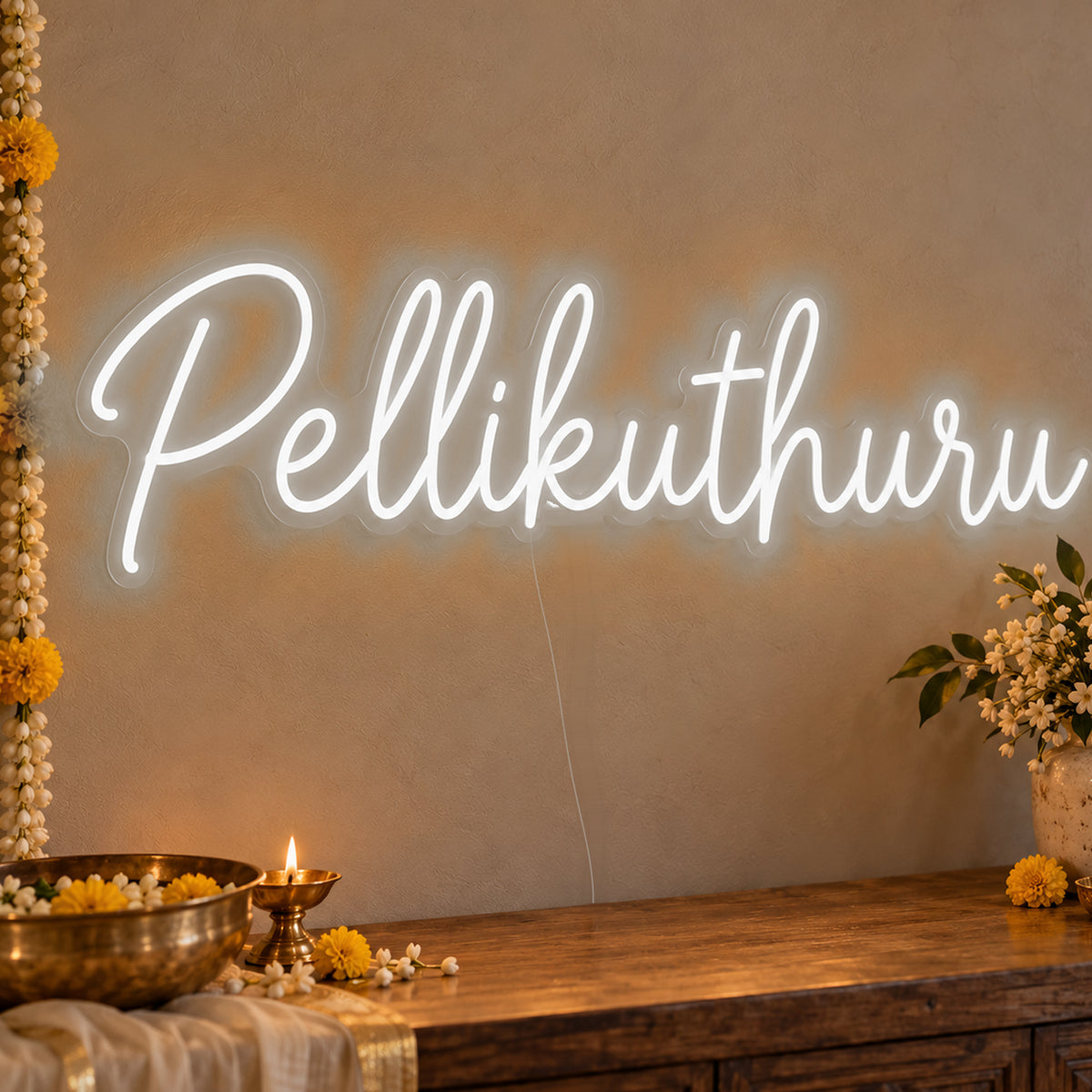 Pellikuthuru Neon Sign in white LED neon on clear acrylic, angled view