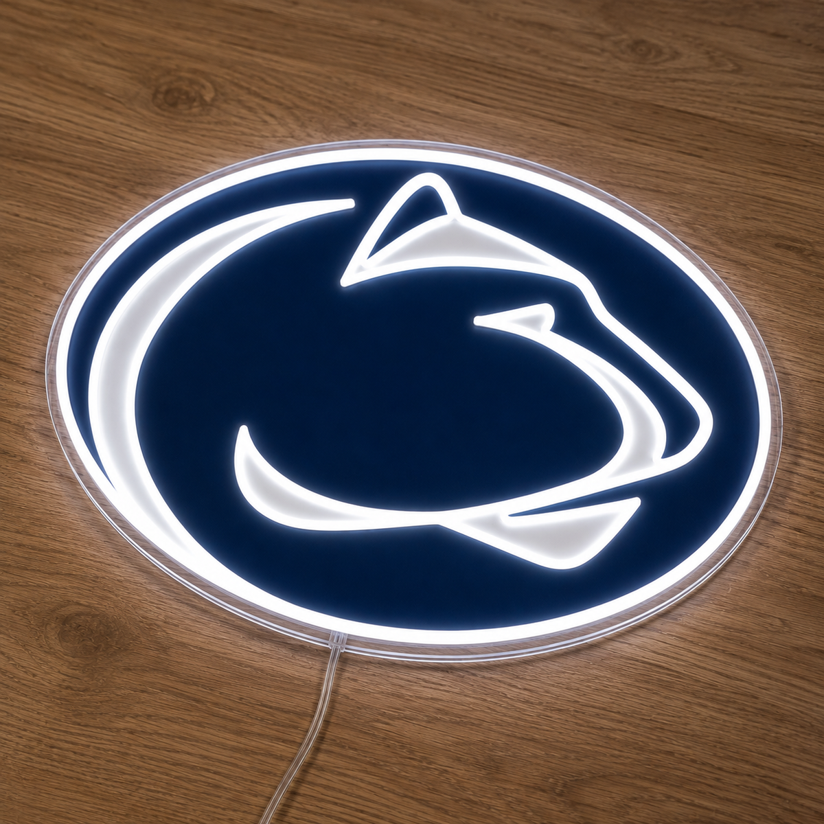 Penn State Nittany Lions LED neon sign in navy and white on a timber wall