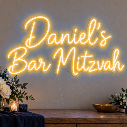 Personalised Bar Mitzvah Neon Sign in gold LED neon on clear acrylic, angled view