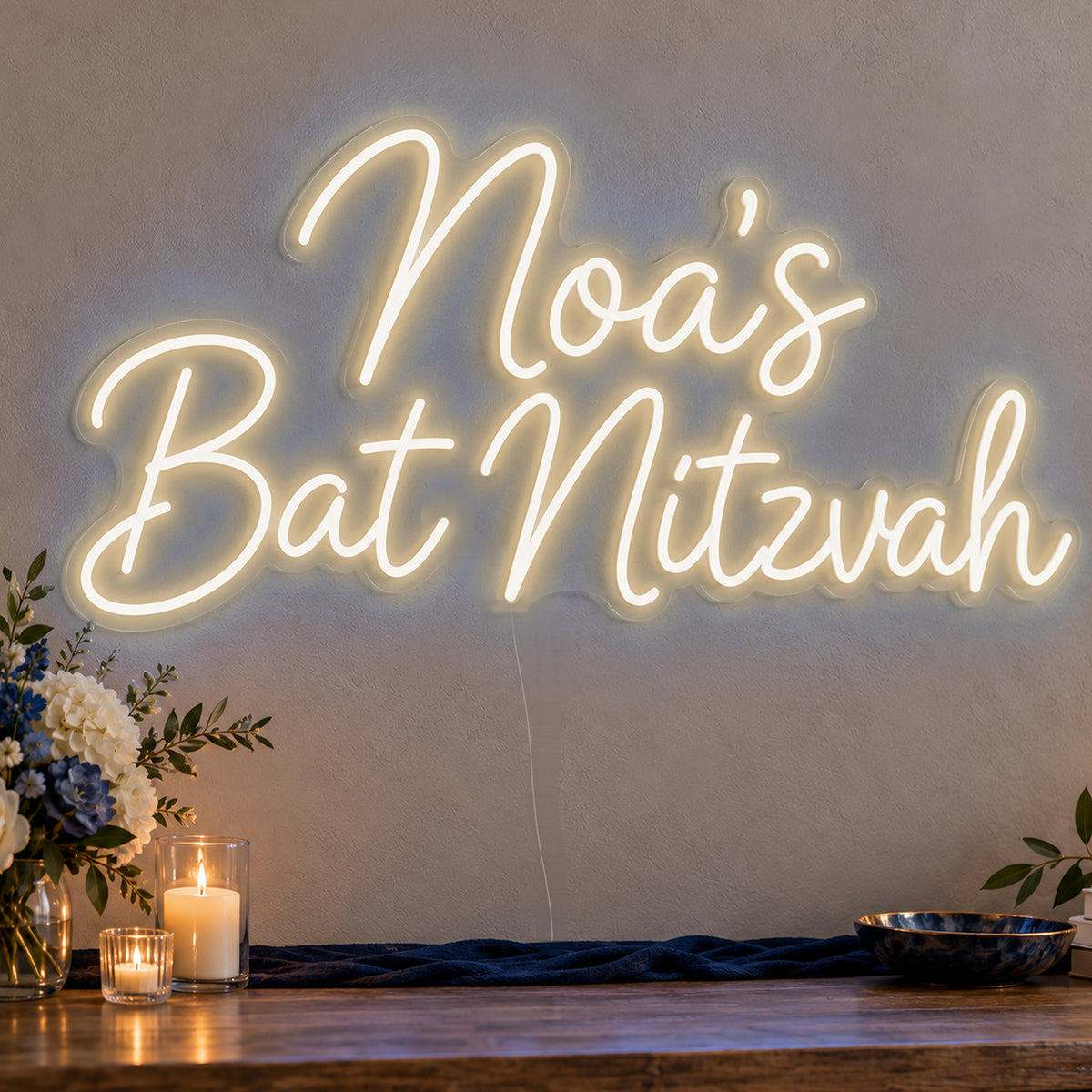 Personalised Bat Mitzvah Neon Sign in warm white LED neon on clear acrylic, angled view