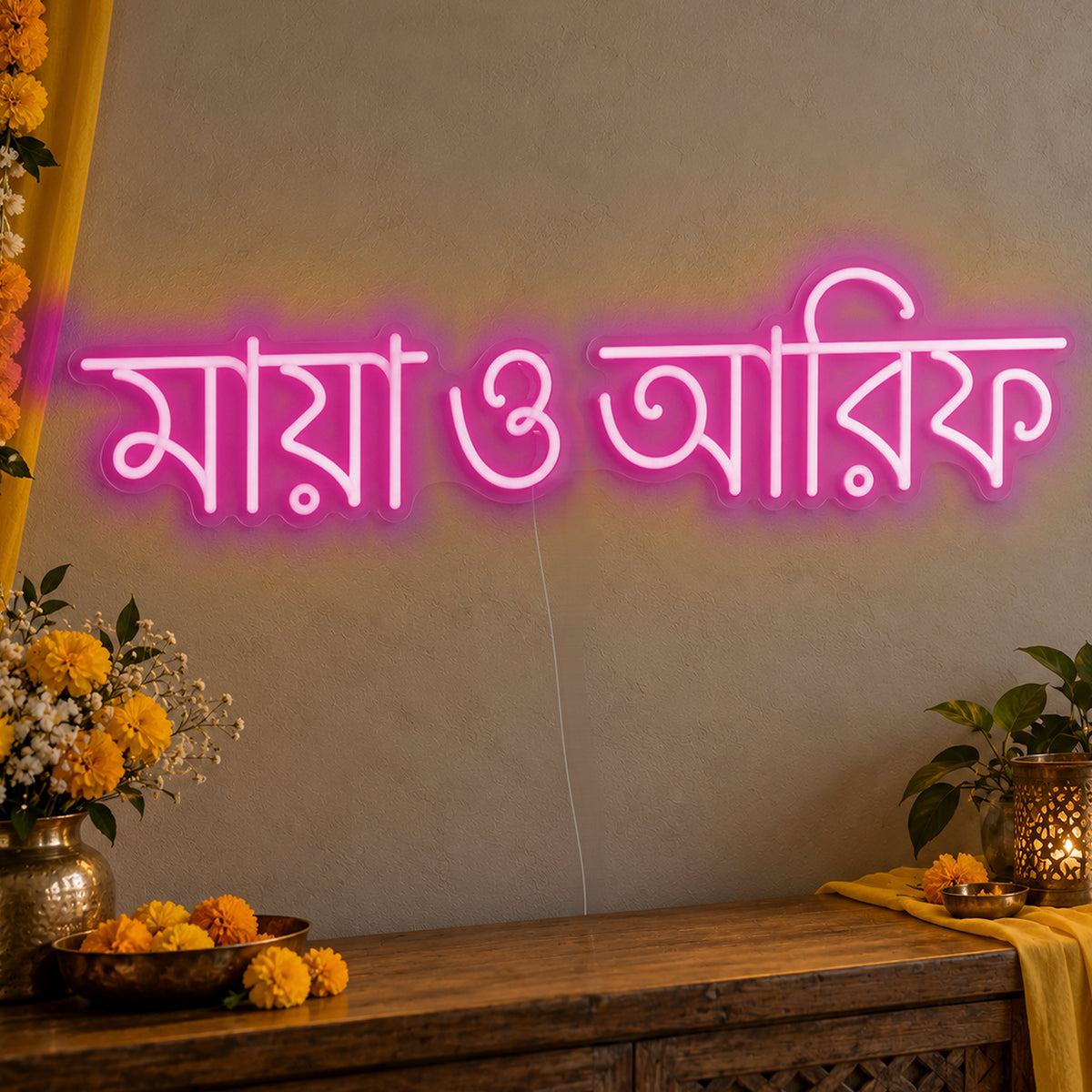 Personalised Bengali Couple Names Neon Sign in pink LED neon on clear acrylic, angled view