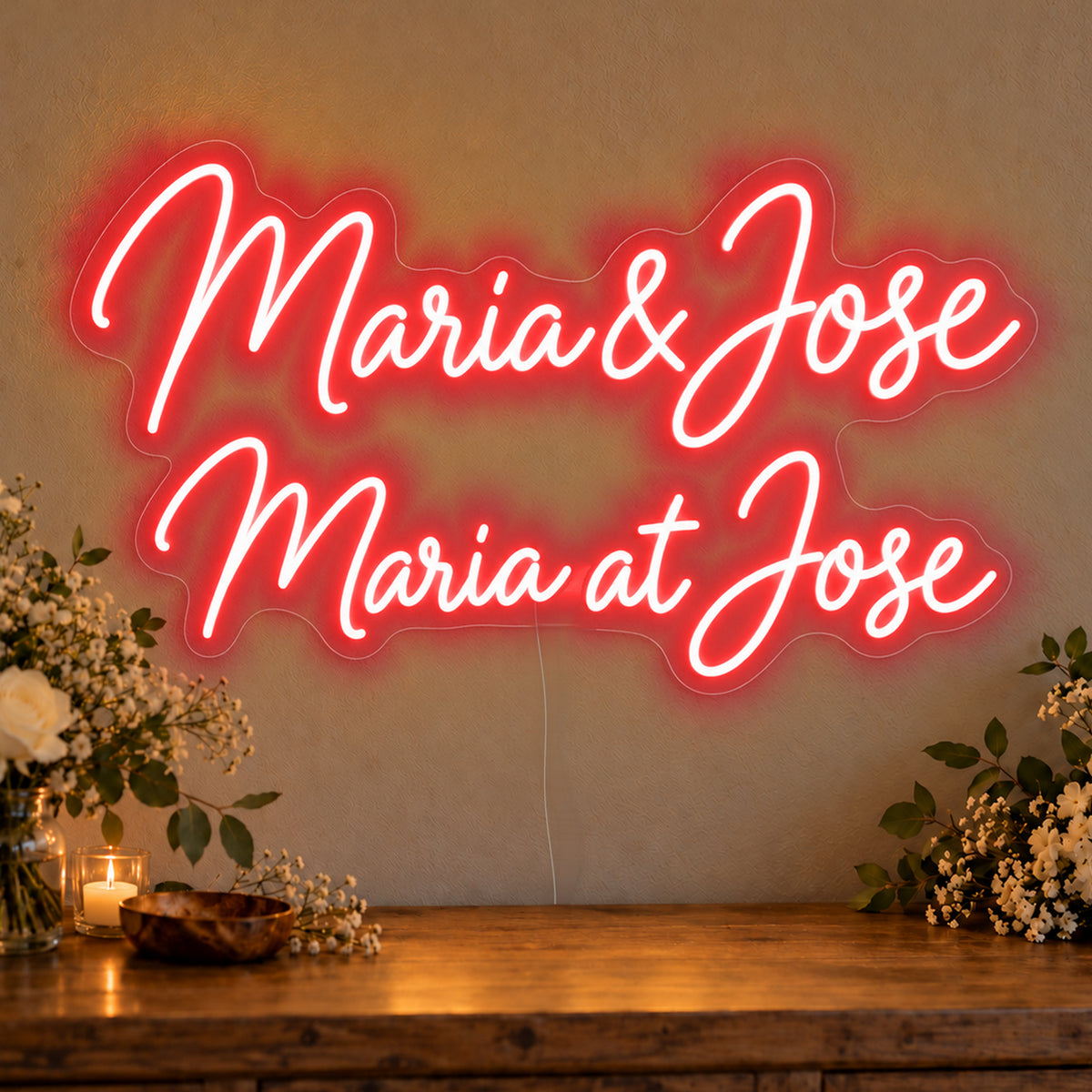 Personalised Bilingual Filipino Names Neon Sign in red LED neon on clear acrylic, angled view