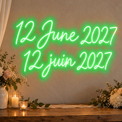 Personalised Bilingual Wedding Date Neon Sign in green LED neon on clear acrylic, angled view