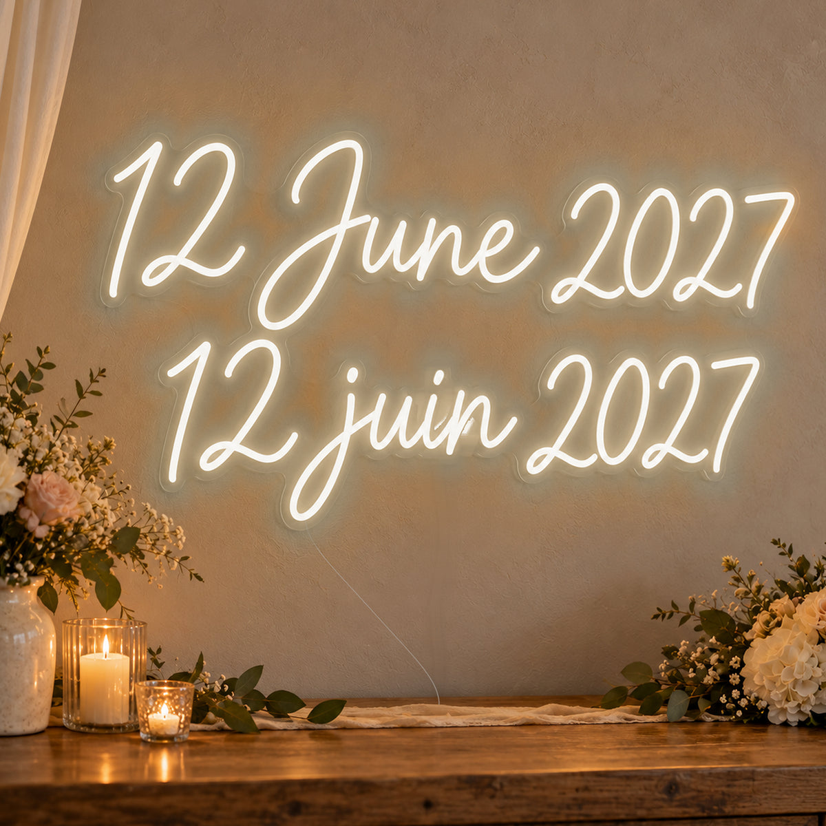 Personalised Bilingual Wedding Date Neon Sign in warm white LED neon on clear acrylic, angled view