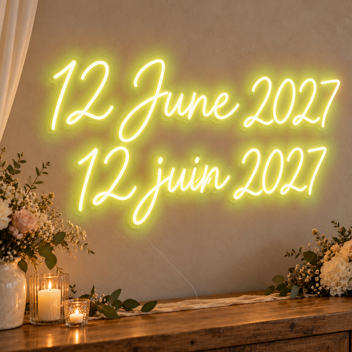 Personalised Bilingual Wedding Date Neon Sign in yellow LED neon on clear acrylic, angled view