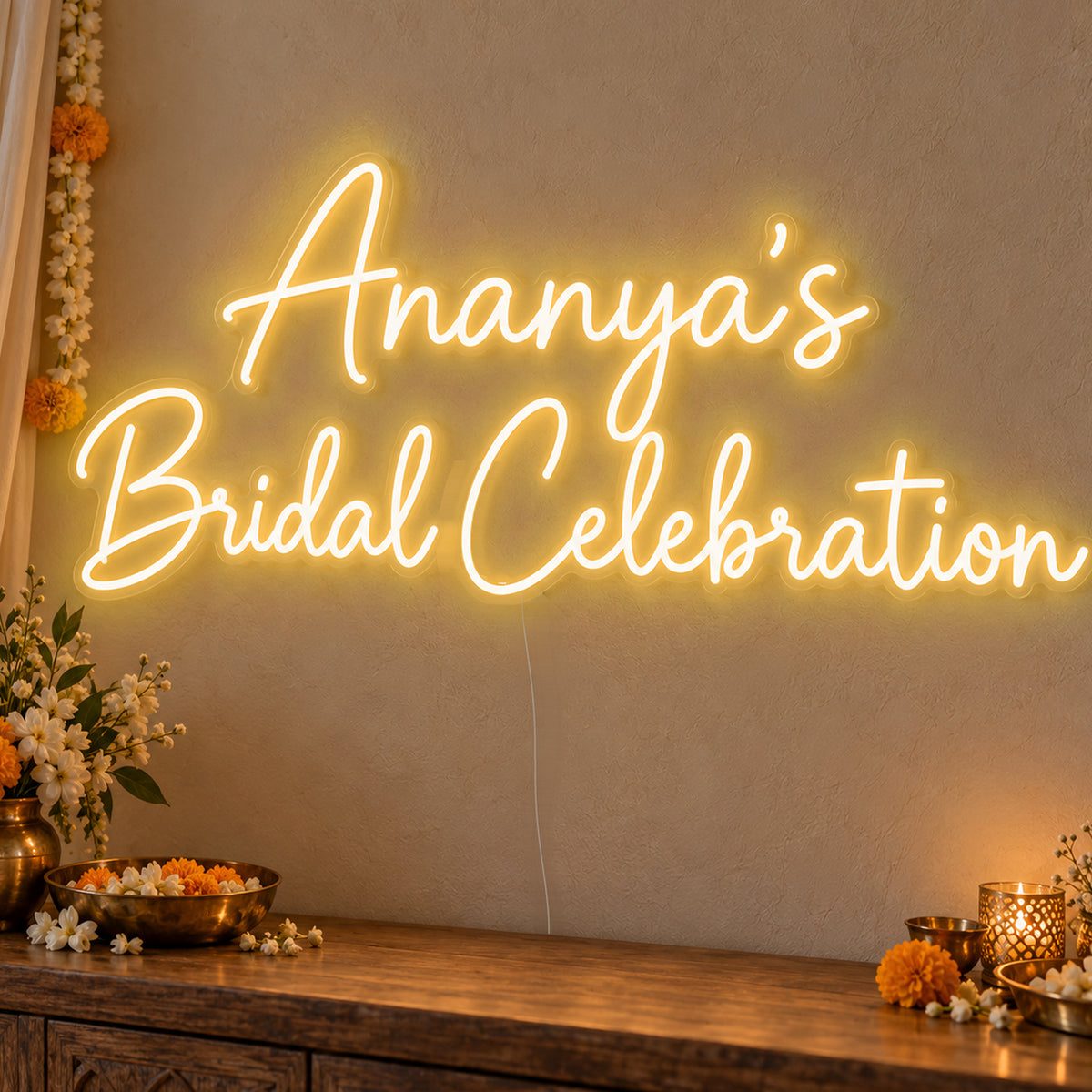 Personalised Bridal Celebration Neon Sign in gold LED neon on clear acrylic, angled view