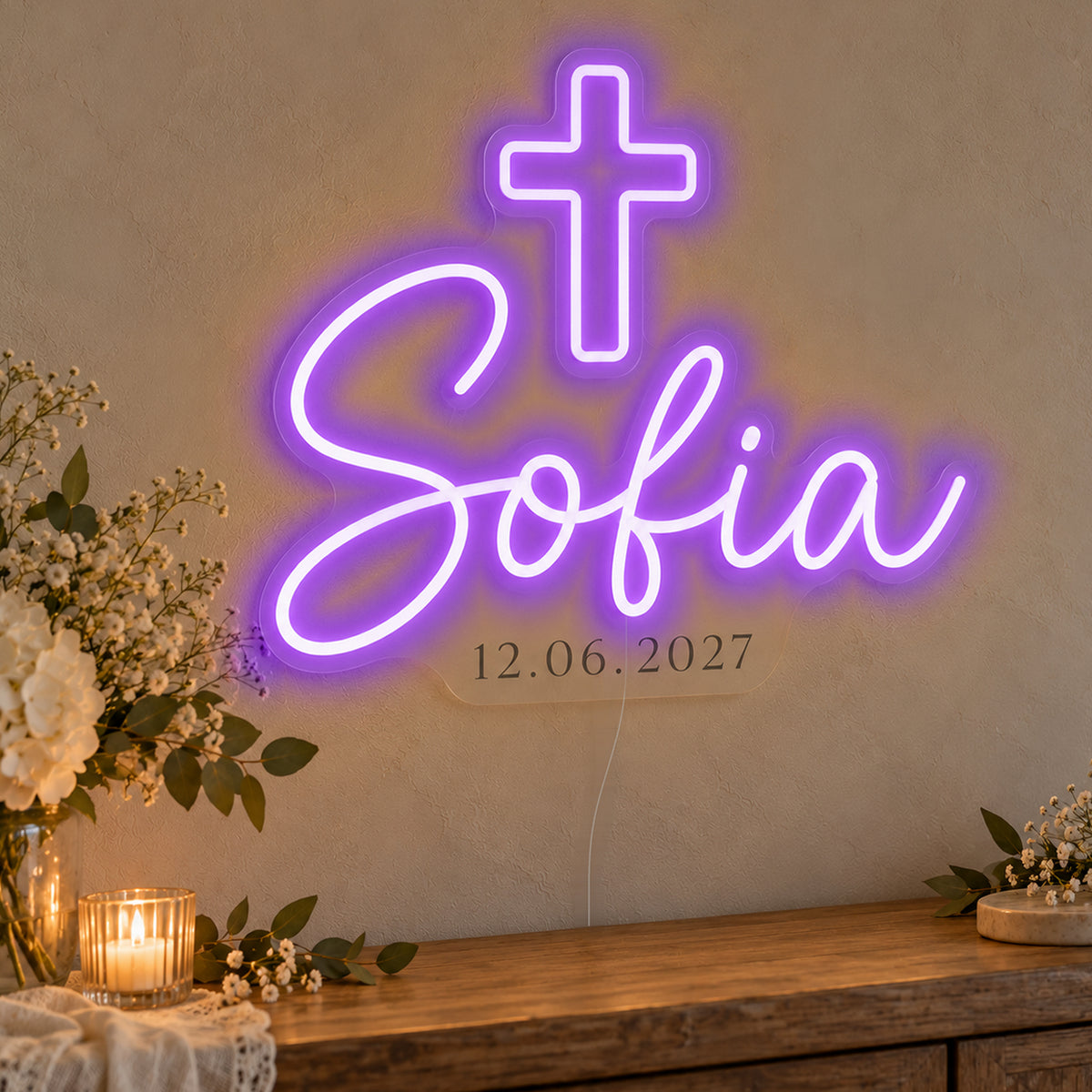 Personalised Cross Name Date Neon Sign in purple LED neon on clear acrylic, angled view