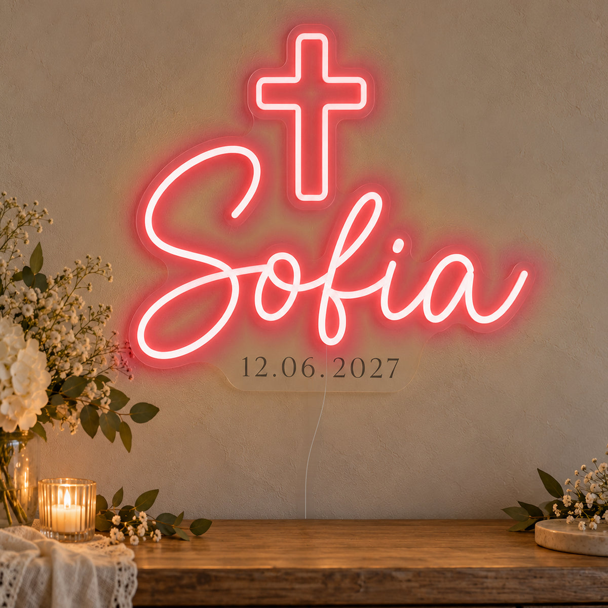 Personalised Cross Name Date Neon Sign in red LED neon on clear acrylic, angled view
