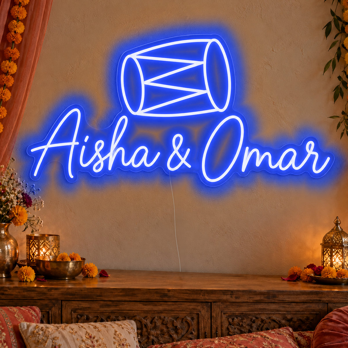 Personalised Dholki Drum Neon Sign in blue LED neon on clear acrylic, angled view