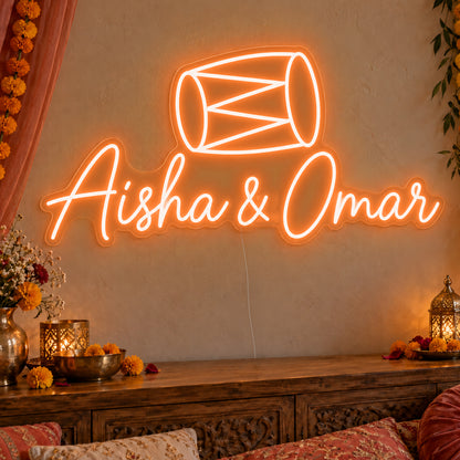 Personalised Dholki Drum Neon Sign in orange LED neon on clear acrylic, angled view
