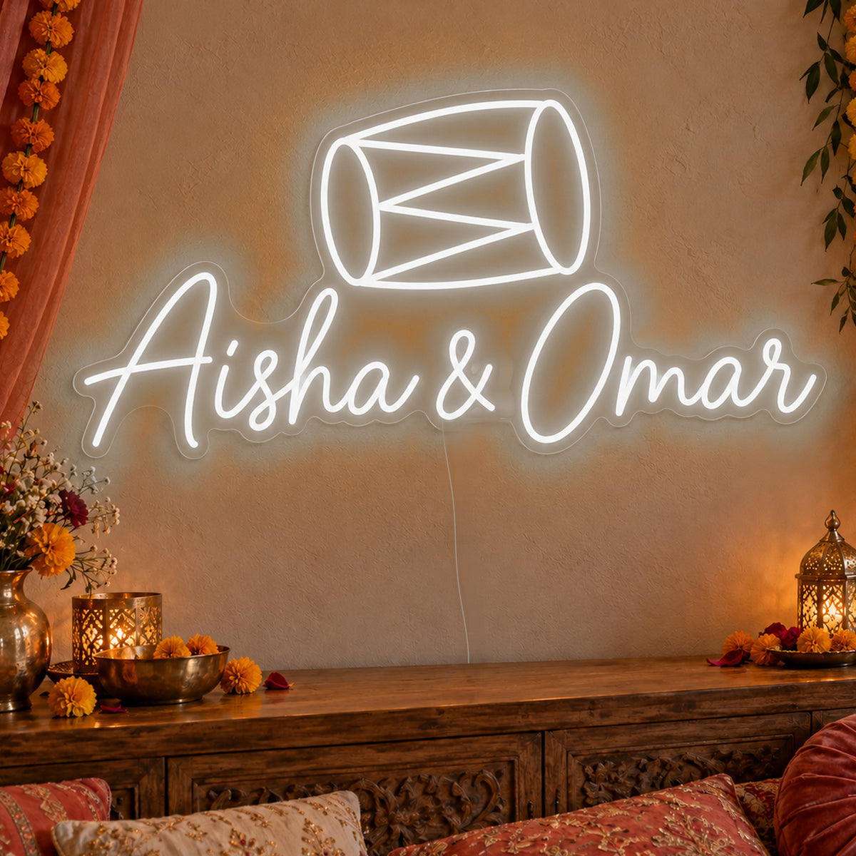 Personalised Dholki Drum Neon Sign in white LED neon on clear acrylic, angled view