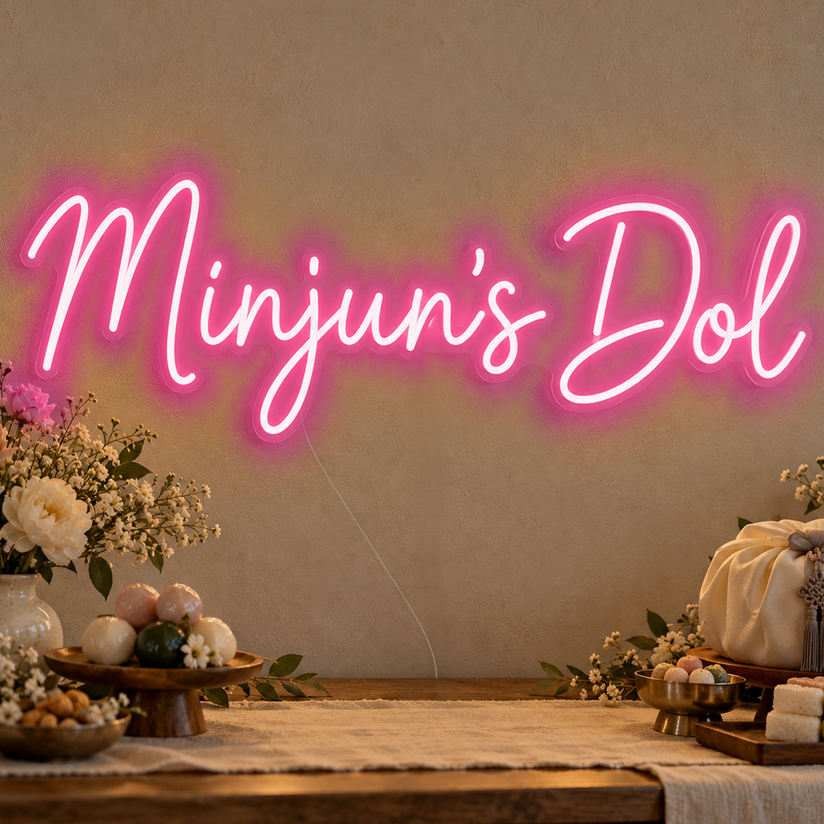 Personalised Dol Neon Sign in rose red LED neon on clear acrylic, angled view
