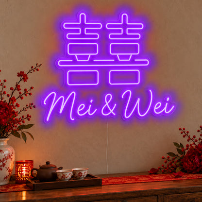 Personalised Double Happiness Names Neon Sign in purple LED neon on clear acrylic, angled view
